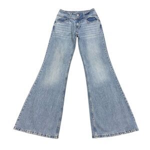 PIRAL 28x34 Mid Rise Stretch Flare Jeans Double Button Wide Leg Denim EUC